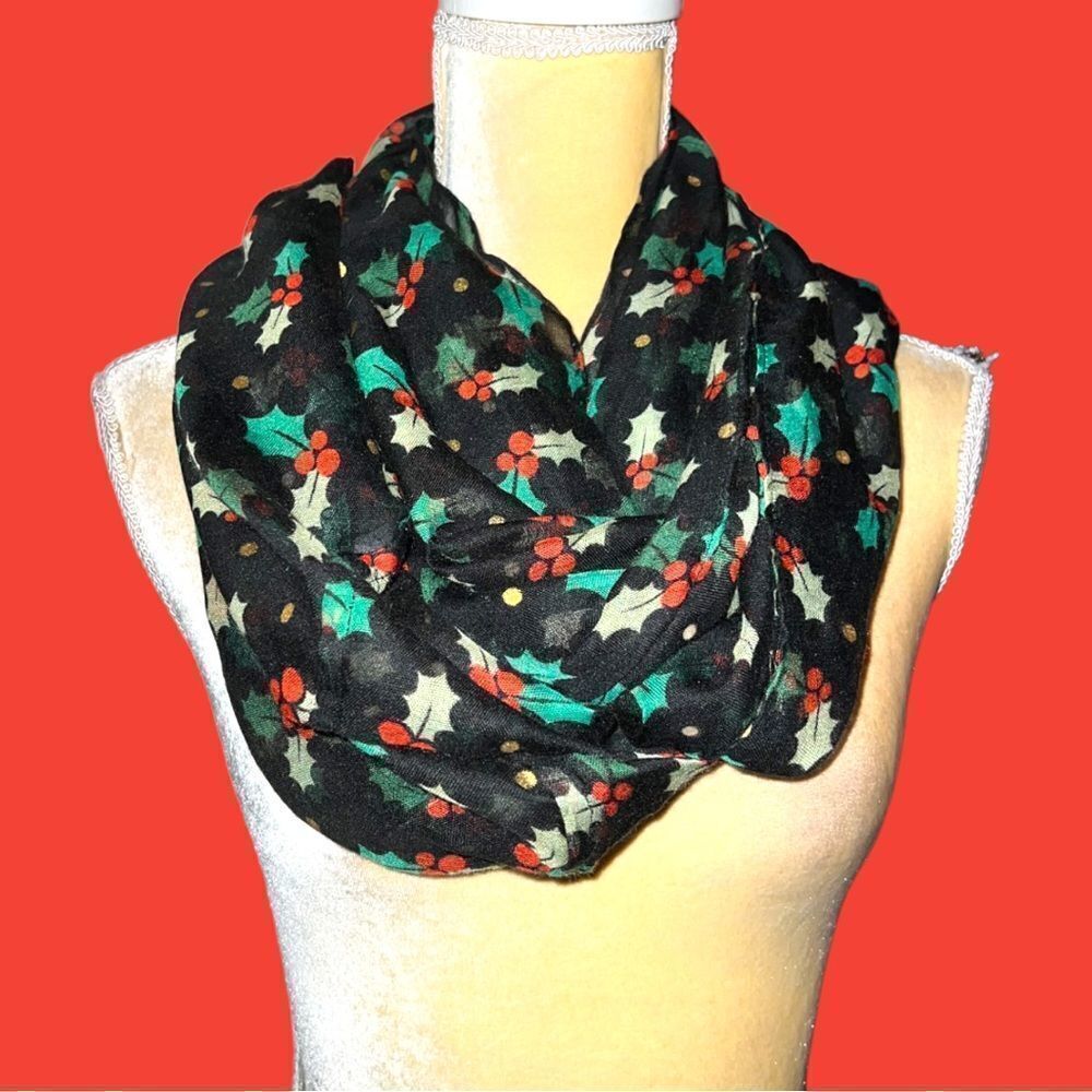 Christmas infinity black scarf with holly design